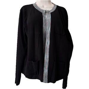 Kate Hill Jacket Black Aqua Trim Knit XL Open Front Pockets Career Chic